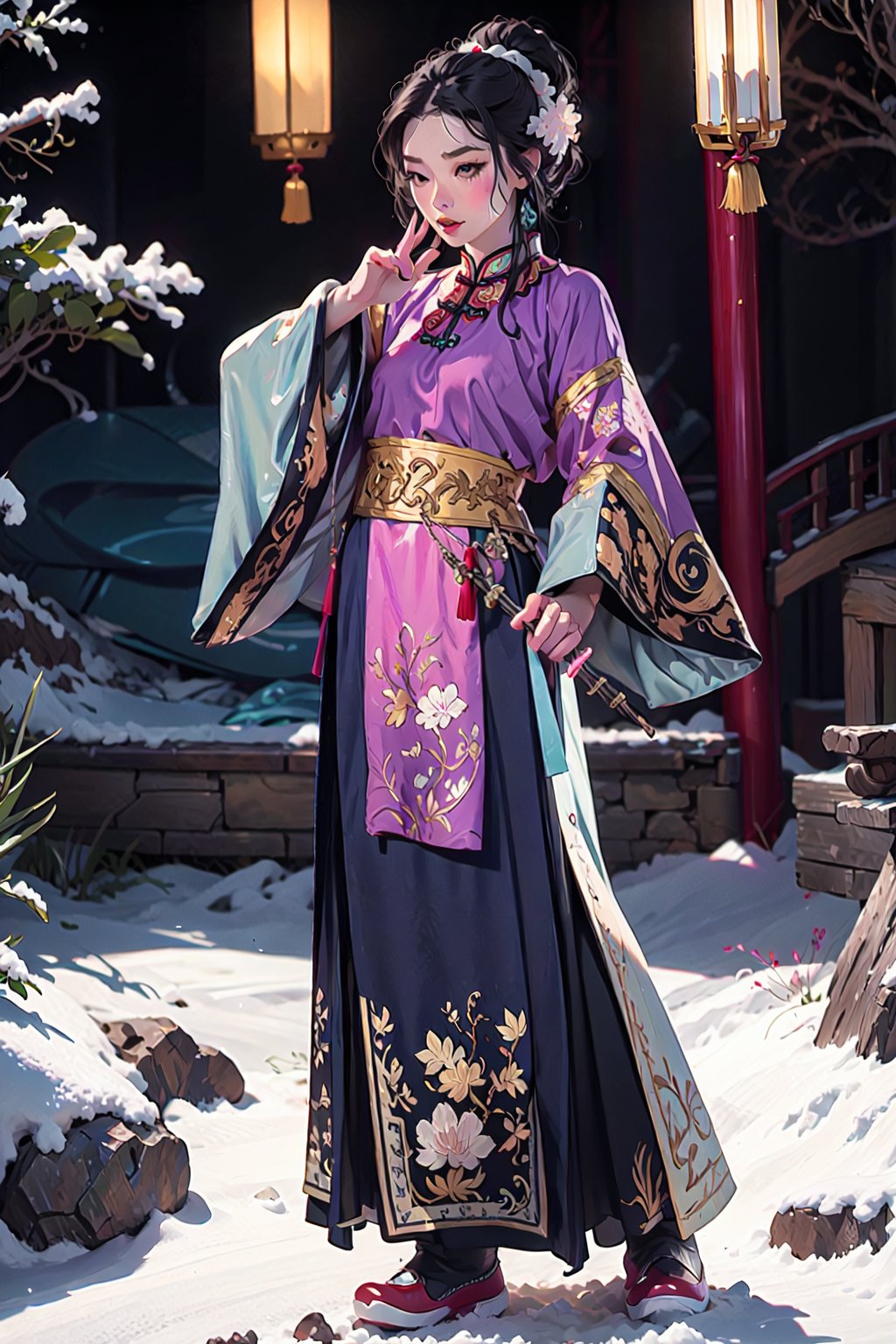 1girl, pale skin, 
full body, (action pose:0.8), snow mountains,
violet chinese clothes