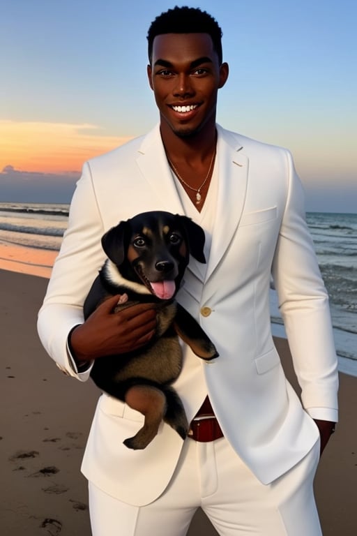 ,blackman ,with_a_dog ,at the beach ,sunset ,sexy ,realistic ,photogenic ,white_suit