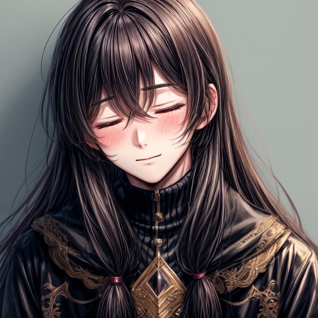 1boy,cute,blushing,closed eyes, long hair, male solo, guy, close up