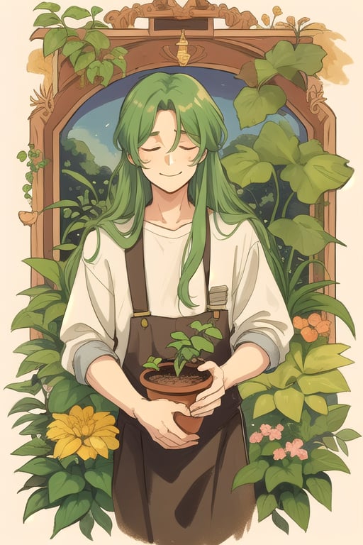 Cute man, long hair, closed eyes, plants, vintage