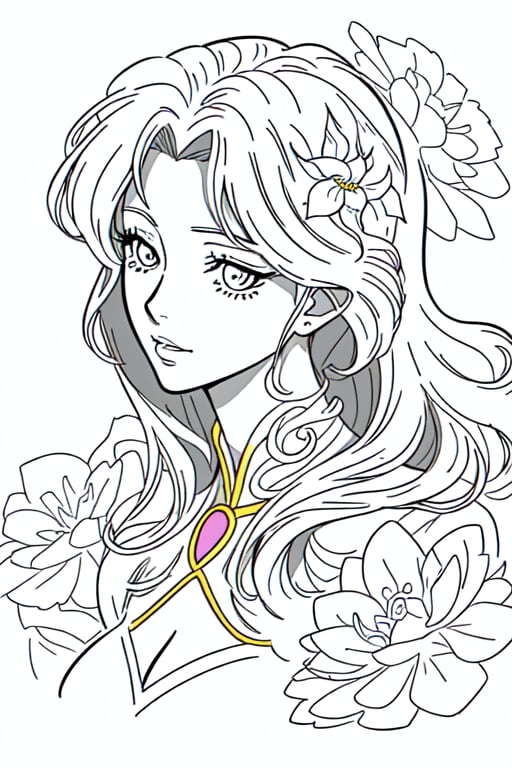 Anime, lady Oscar, detailed hair with pearls ans flowers, digital illustration,  flawless line art, bold outlines, white background, black and white, coloring book,  