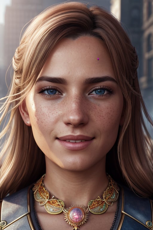 hyper-realistic, ultra-detailed photograph of a woman, smiling, golden jewelry, shiny, sunlight fractal details, depth of field, HOF, hall of fame, detailed gorgeous face, apocalyptic environment, natural body posture, professional photographer, captured with professional DSLR camera, trending on Artstation, 64k, ultra-detailed, ultra-accurate detailed, bokeh lighting, surrealism, Thomas Kinkade background, urban, ultra unreal engine, WLOP, Pauline Voß, Pascal Quidault, Christian Schob, Martina Fackova, intricate, epic, freckles, peach fuzz, detailed mascara