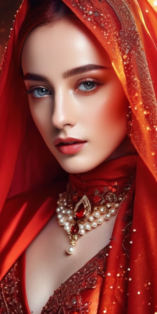 Dilraba Dilmurat, face veil, hijab, jilbab, muslim face mask, mouth veil, freckles, eyes mascara, blazing crimson red hair, masterpiece, best quality, photorealistic, long pointy elf ears, glowing sparkly skin, soft lighting, voluptous, cleavage, windy desert, blowing swirling sand grains, sunny backlighting, bloom, light sparkles, sharp focus, colorful crimson liquid gel rain, close up, fashion designer, respledent tiny pearls necklace, haloween pumpkin theme background, baroque