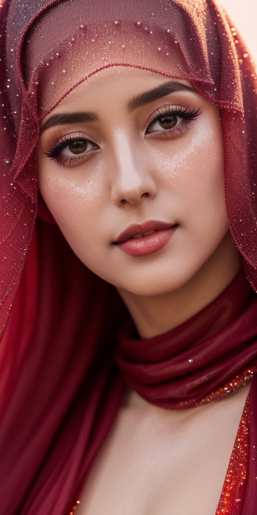 Dilraba Dilmurat, face veil, hijab, jilbab, muslim face mask, mouth veil, freckles, eyes mascara, blazing crimson red hair, masterpiece, best quality, photorealistic, long pointy elf ears, glowing sparkly skin, soft lighting, voluptous, cleavage, windy desert, blowing swirling sand grains, sunny backlighting, bloom, light sparkles, sharp focus, colorful crimson liquid gel rain, close up, fashion designer, respledent tiny pearls necklace, haloween pumpkin theme background, baroque,photorealistic