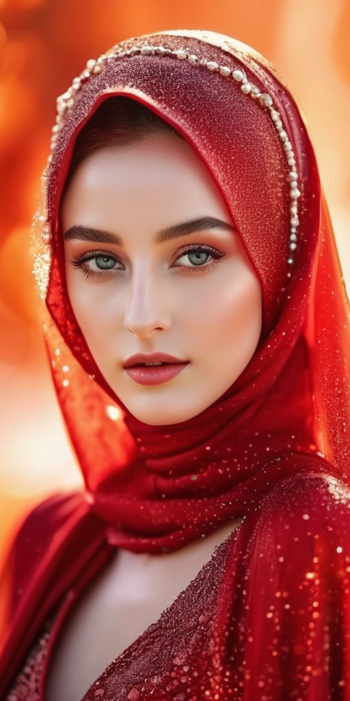 Dilraba Dilmurat, face veil, hijab, jilbab, muslim face mask, mouth veil, freckles, eyes mascara, blazing crimson red hair, masterpiece, best quality, photorealistic, long pointy elf ears, glowing sparkly skin, soft lighting, voluptous, cleavage, windy desert, blowing swirling sand grains, sunny backlighting, bloom, light sparkles, sharp focus, colorful crimson liquid gel rain, close up, fashion designer, respledent tiny pearls necklace, haloween pumpkin theme background, baroque