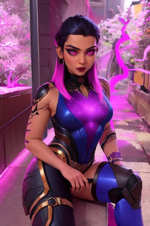 (masterpiece, best quality:1.2), intricate details, reyna, 1girl, bodysuit, multicolored hair, purple eyes, dark skin, makeup, tattoo, (mature female:1.2)