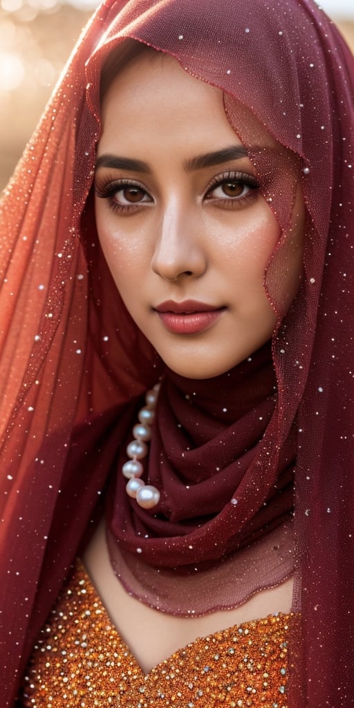 Dilraba Dilmurat, face veil, hijab, jilbab, muslim face mask, mouth veil, freckles, eyes mascara, blazing crimson red hair, masterpiece, best quality, photorealistic, long pointy elf ears, glowing sparkly skin, soft lighting, voluptous, cleavage, windy desert, blowing swirling sand grains, sunny backlighting, bloom, light sparkles, sharp focus, colorful crimson liquid gel rain, close up, fashion designer, respledent tiny pearls necklace, haloween pumpkin theme background, baroque,photorealistic