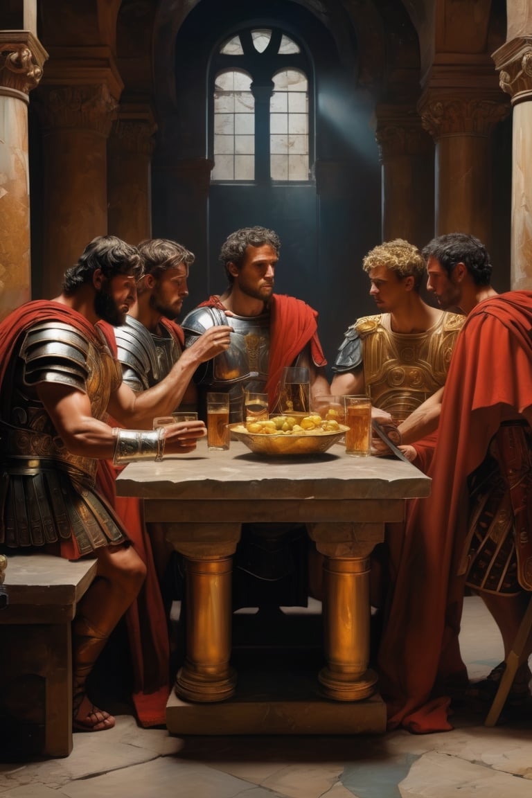 (masterpiece), (extremely intricate), fantasy, (hyperrealistic, 4K, Ancient Roman), ( Year 180 AD ),

- (Full Body),
- (Image of Ancient Romans on the tables eating and drinking alcoholic drinks);


(intricate details on clothing), (perfect composition:1.4), deviantart hd, art station hd, concept art, detailed face and body, award-winning photography, margins, detailed face, professional oil painting by Ed Blinkey, Atey Ghailan, Jeremy Mann, Greg
