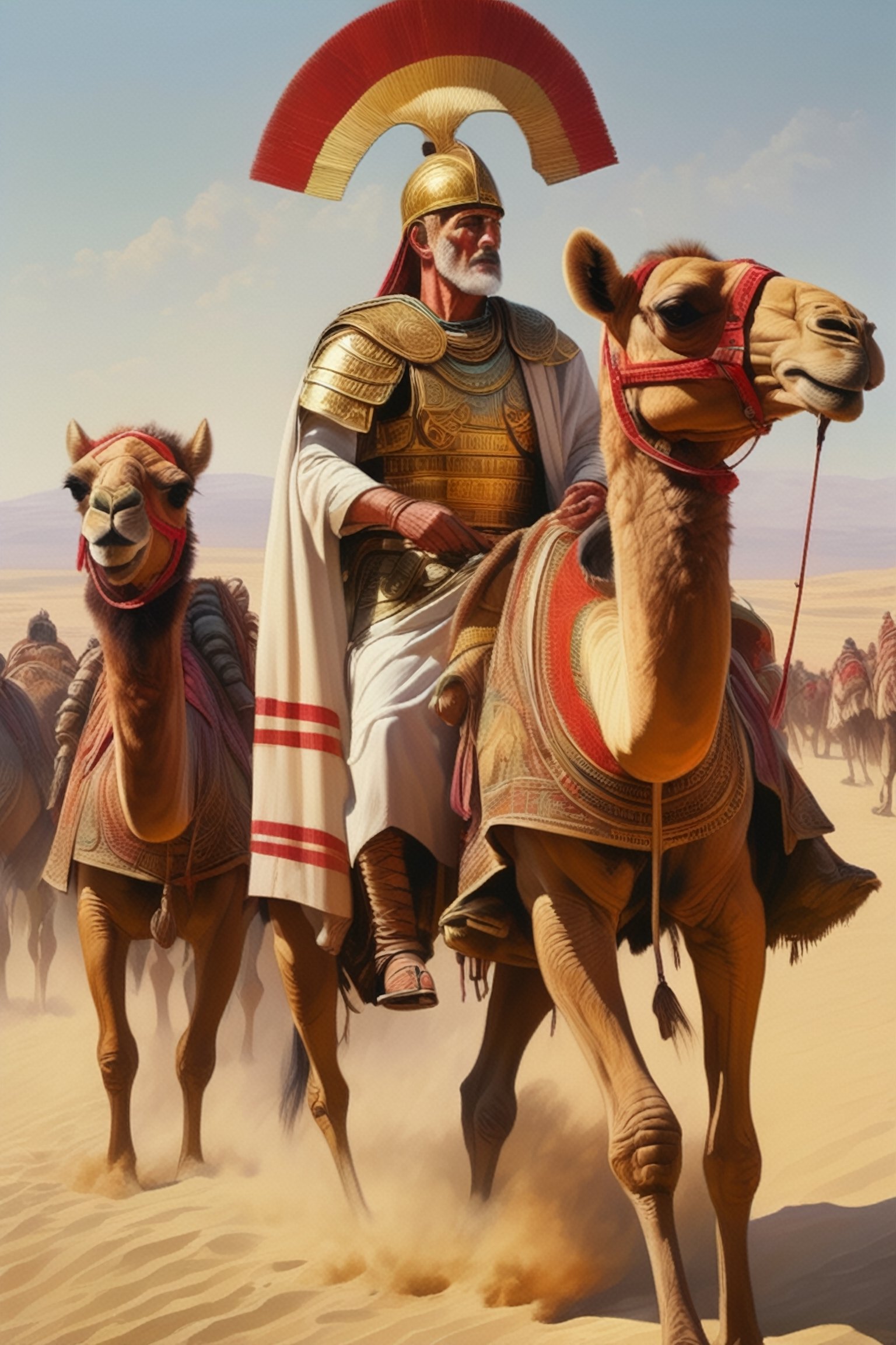 (masterpiece), (extremely intricate), fantasy, ((hyper-realistic, 4K, ancient Romans, year 276 to 282)

Emperor Probus with the Roman armies on the camels passing in the cereal production in Egypt by draining swamps 



(((colorful clothing, intricate details on clothing))), (perfect composition:1.4), aspect ratio 1:1, beach, deviantart hd, artstation hd, concept art, detailed face and body, award-winning photography, margins, detailed face, professional oil painting by Ed Blinkey, Atey Ghailan, Jeremy Mann, Greg
