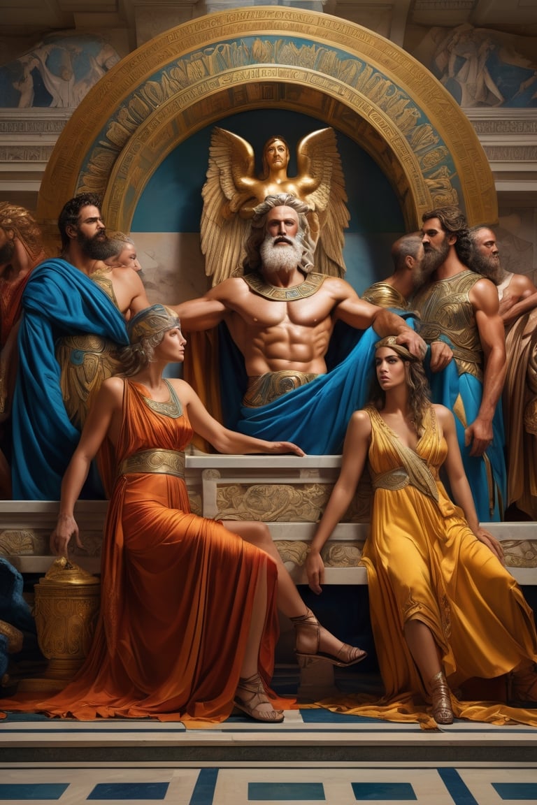 (masterpiece), (extremely intricate), fantasy, (((hyperrealistic, 8K, Ancient Greek mythology,)

Full Body Image of Zeus and Metis on their long table with other Greek Gods

(colorful Greek God's clothing, intricate details), ( perfect composition:1.4 ) Deviantart HD, art station hd, concept art, detailed face and body.
