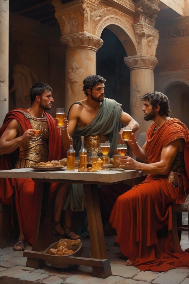 (masterpiece), (extremely intricate), fantasy, (hyperrealistic, 4K, Ancient Roman), ( Year 180 AD ),

- (Full Body),
- (Image of Ancient Romans on the tables eating and drinking alcoholic drinks);


(intricate details on clothing), (perfect composition:1.4), deviantart hd, art station hd, concept art, detailed face and body, award-winning photography, margins, detailed face, professional oil painting by Ed Blinkey, Atey Ghailan, Jeremy Mann, Greg
