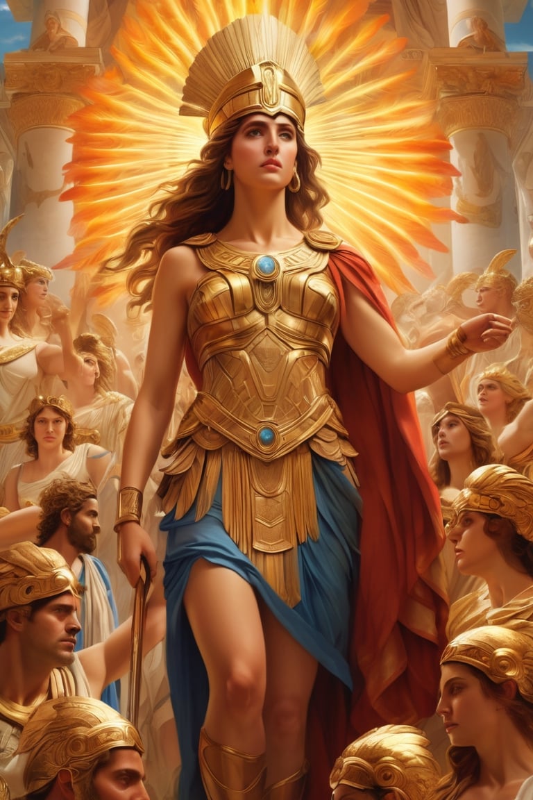 (masterpiece), (extremely intricate), fantasy, (((hyperrealistic, 8K, Ancient Greek mythology,)

Full Body Image of Athena ascending as a revered deity , with other gods and goddesses watching.
wearing daring Greek costume

(colorful Greek God's clothing, intricate details), ( perfect composition:1.4 ) Deviantart HD, art station hd, concept art, detailed face and body.
