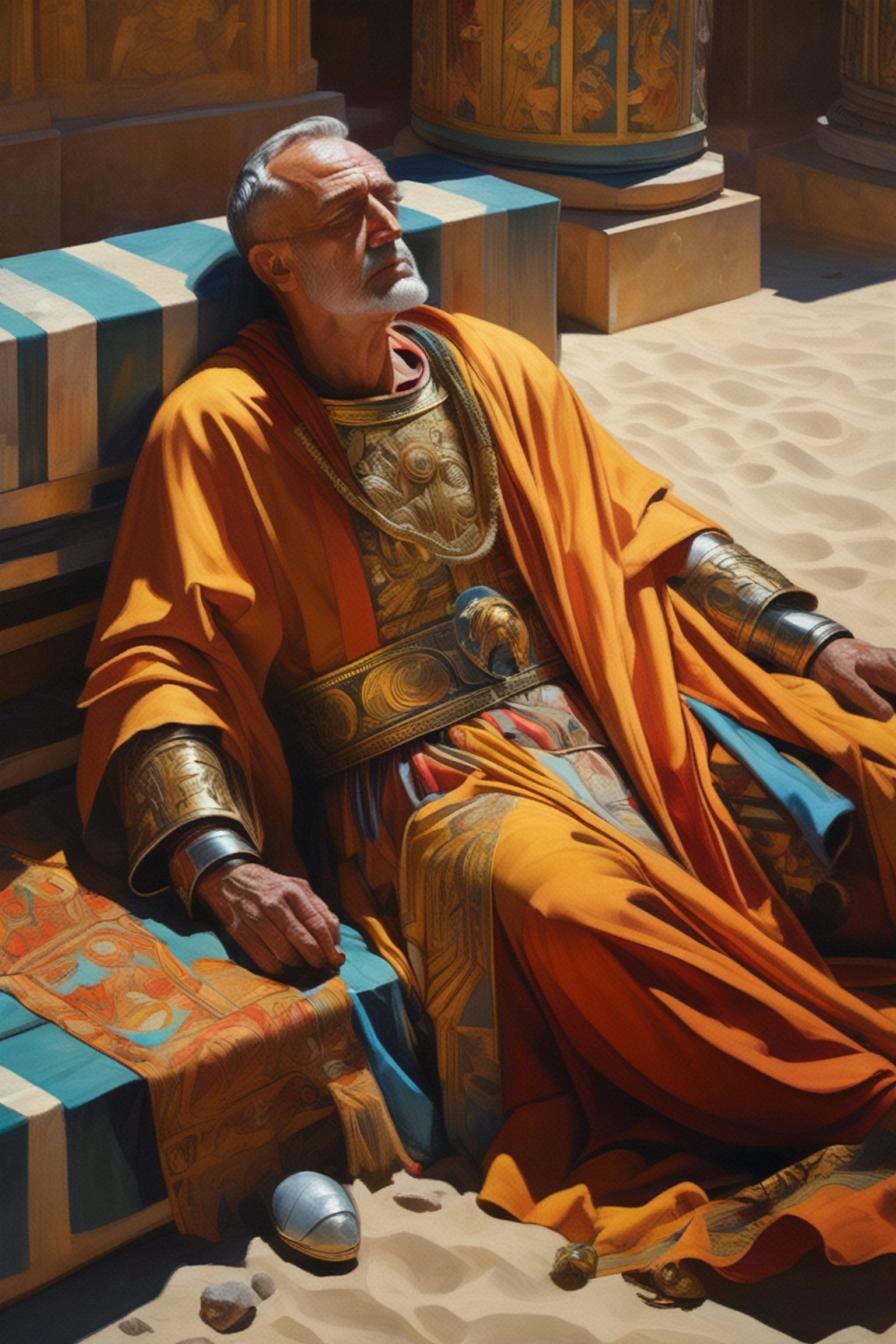 (masterpiece), (extremely intricate), fantasy, ((hyper-realistic, 4K, ancient Romans, year 276 to 282)
Full body image of
Emperor Probus sleeping on the ground



(((colorful clothing, intricate details on clothing))), (perfect composition:1.4), aspect ratio 1:1, beach, deviantart hd, artstation hd, concept art, detailed face and body, award-winning photography, margins, detailed face, professional oil painting by Ed Blinkey, Atey Ghailan, Jeremy Mann, Greg
