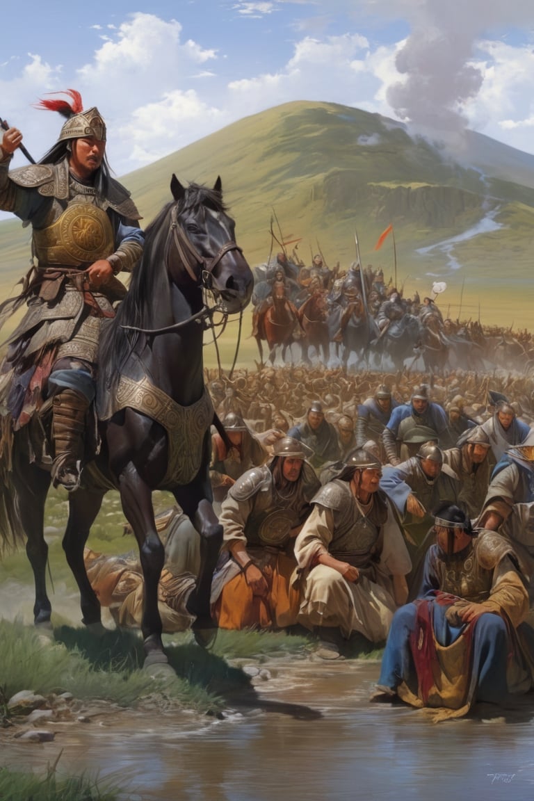 (masterpiece), (extremely intricate), fantasy, ((hyper-realistic, 4K, Ancient Mongolia, (the Year is 1219 AD)

(An image of the defeated Genghis Khan led his colossal Mongol army to retreat against Empire in Persia))

(by Anne Stokes, cgsociety, fantasy art, tarot card, wiccan, detailed painting.



(perfect composition:1.4), deviantart hd, artstation hd, concept art, detailed face and body, award-winning photography, margins, detailed face, professional oil painting by Ed Blinkey, Atey Ghailan, Jeremy Mann, Greg
