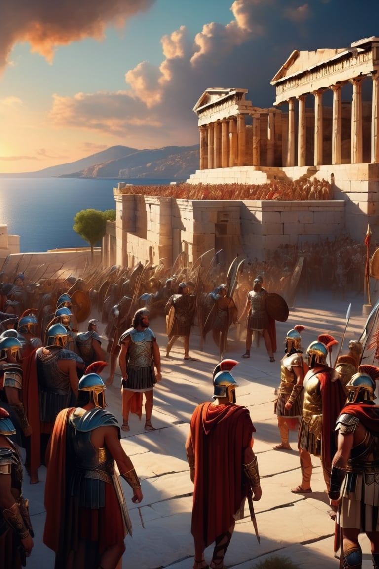 Ultra-detailed painting, Jean-Baptiste style, 
((the year is 254 AD) (masterpiece), (extremely intricate), fantasy, (((hyperrealistic, 8K, Ancient Greek), 

(Images of The Greek King and his armies talking, Full Body, 8K. with the city in background) 

(computer graphics by Þórarinn B. Þorláksson, cgsociety, fantasy art, masculine, 2d game art, majestic), (((colorful Romans clothing, intricate details on clothing))), (perfect composition:1.4), aspect ratio 1:1, beach, deviantart hd, art station hd, concept art, detailed face and body, award-winning photography, margins, detailed face, professional oil painting by Ed Blinkey, Atey Ghailan, Jeremy Mann, Greg, cinematic, high detail, photo, painting, 3d render, poster, typography, product, illustration, architecture