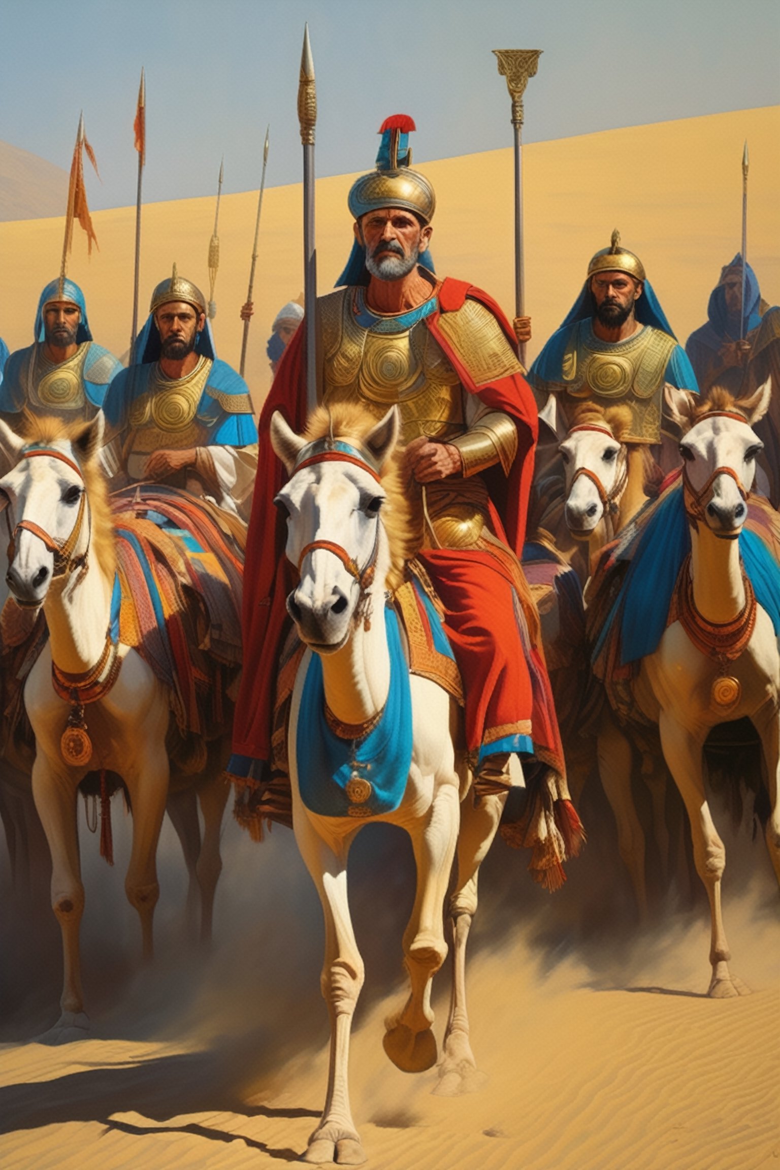 (masterpiece), (extremely intricate), fantasy, ((hyper-realistic, 4K, ancient Romans, year 276 to 282)

Emperor Probus with the Roman armies on the camels passing in the cereal production in Egypt by draining swamps 



(((colorful clothing, intricate details on clothing))), (perfect composition:1.4), aspect ratio 1:1, beach, deviantart hd, artstation hd, concept art, detailed face and body, award-winning photography, margins, detailed face, professional oil painting by Ed Blinkey, Atey Ghailan, Jeremy Mann, Greg
