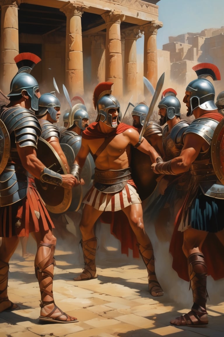 (masterpiece), (extremely intricate), fantasy, (hyperrealistic, 4K, Ancient Roman), ( Year 180 AD ),

- (Full Body),
- (Image of at least 5 Gladiator fighters fighting in the arena),

(intricate details on clothing), art station hd, concept art, detailed face and body, award-winning photography, margins, detailed face, professional oil painting by Ed Blinkey, Atey Ghailan, Jeremy Mann, Greg
