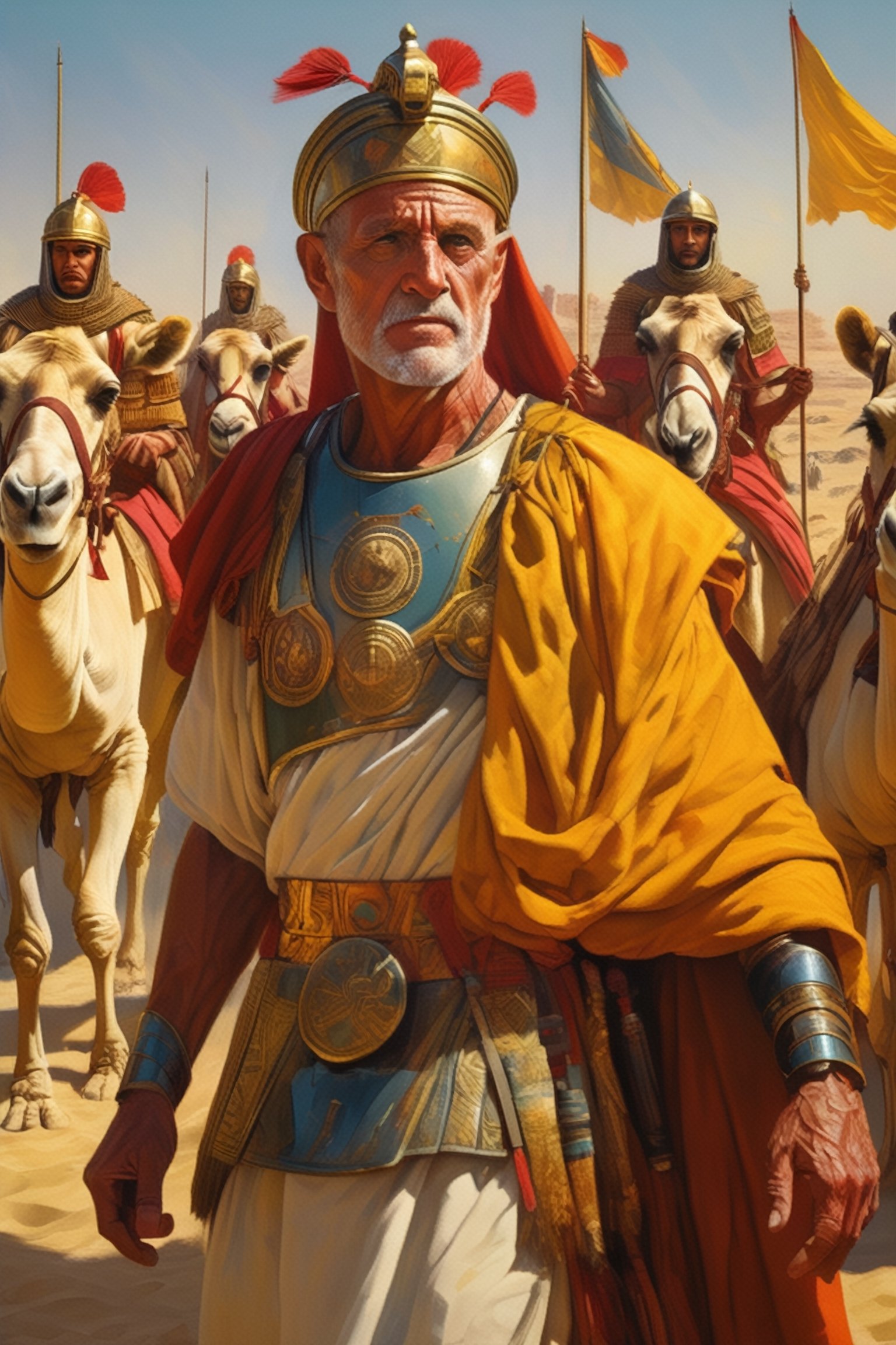 (masterpiece), (extremely intricate), fantasy, ((hyper-realistic, 4K, ancient Romans, year 276 to 282)

Emperor Probus and the Roman armies on the camels passing in the cereal production in Egypt with the swamps 



(((colorful clothing, intricate details on clothing))), (perfect composition:1.4), aspect ratio 1:1, beach, deviantart hd, artstation hd, concept art, detailed face and body, award-winning photography, margins, detailed face, professional oil painting by Ed Blinkey, Atey Ghailan, Jeremy Mann, Greg
