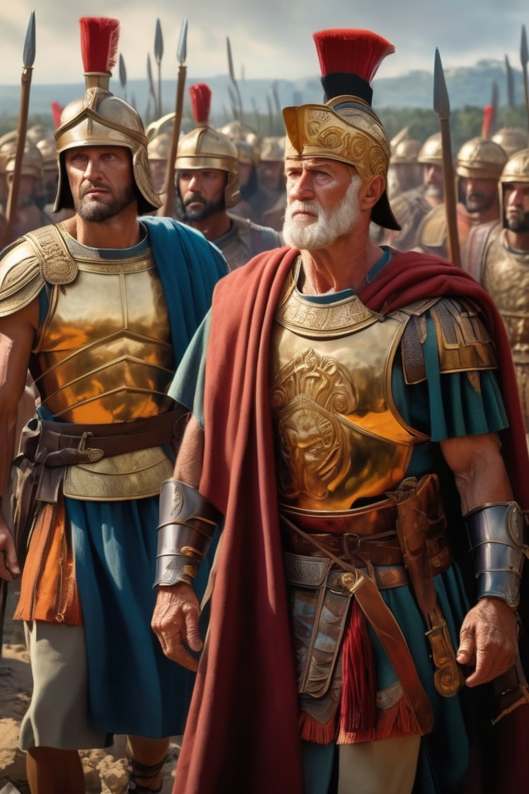 (masterpiece), (extremely intricate), fantasy, ((hyper realistic, 4K, ancient romans, year 276 to 282)

Emperor Probus with his general in the background 
 successfully defended against multiple barbarian incursions

 image of a revolution promoted viticulture in Gaul and the Balkans

(((colorful clothing, intricate details on clothing))), (perfect composition:1.4), aspect ratio 1:1, beach, deviantart hd, artstation hd, concept art, detailed face and body, award-winning photography, margins, detailed face, professional oil painting by Ed Blinkey, Atey Ghailan, Jeremy Mann, Greg
