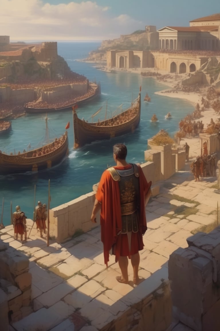 (masterpiece), (extremely intricate), fantasy, ((hyperrealistic, 4K, Ancient Roman), (Visualize Hadrian's military strategy by designing a map that highlights the fortified borders of the Roman Empire during his reign.)), (((colorful clothing, intricate details on clothing))), (perfect composition:1.4), aspect ratio 1:1, beach, deviantart hd, artstation hd, concept art, detailed face and body, award-winning photography, margins, detailed face, professional oil painting by Ed Blinkey, Atey Ghailan, Jeremy Mann, Greg
