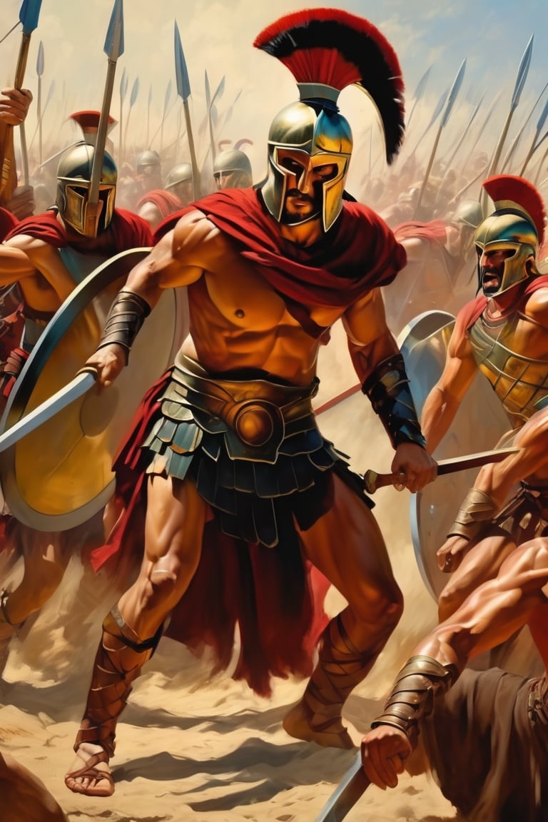 ((masterpiece), (extremely intricate), fantasy, ((hyper-realistic, 4K, 331 BC),

(Visualize Sparta's insular nature, image of fighting spartan and romans.),


(((colorful ancient Spartan and roman lothing, intricate details on clothing))), (perfect composition:1.4), aspect ratio 1:1, beach, deviantart hd, artstation hd, concept art, detailed face and body, award-winning photography, margins, detailed face, professional oil painting by Ed Blinkey, Atey Ghailan, Jeremy Mann, Greg
