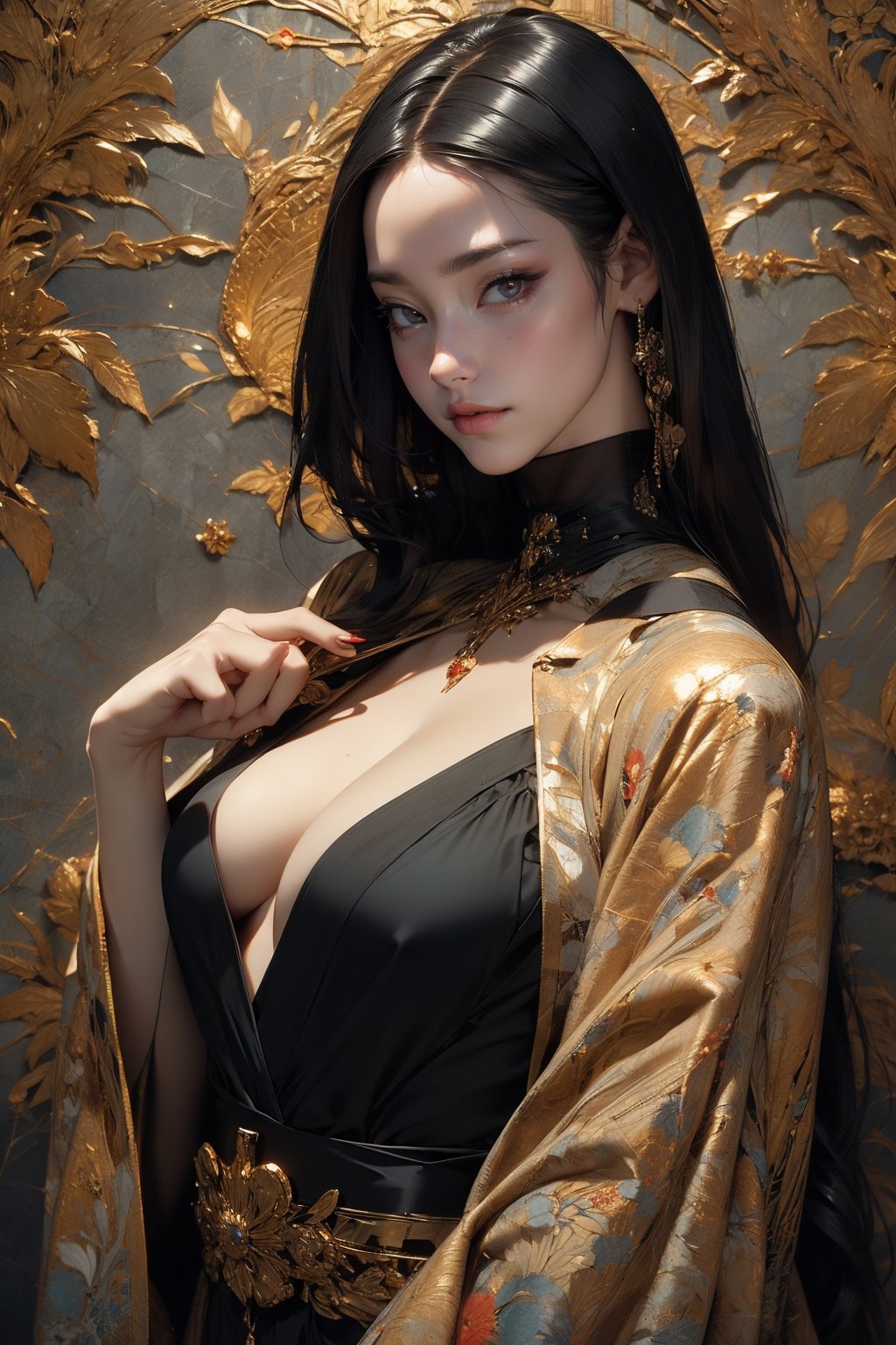 (masterpiece, best quality, hires, high resolution:1.2), (extremely detailed, intricate details, highres), ((realistic)), vivi color, 3d, cg, nsfw, woman, japanese, kimono, (open_shirt, unbuttoned, exposed_breasts, sagging_breasts, black_hair, blunt_bangs, abserdly long and straight_hair, monolid), nipples, belly, (brutalist style:1.6), (ninja, samurai, katana, bare_chest), confident, muscular, shiny_skin, light_skin, (nice hands,nice fingers), better_hands, holding sword, science fiction, (cinematic lighting, volumetric), looking at viewer, eye-level shot, (close_up:1.1), vintage fantasy, 1960s \(style\), film grain, (atompunkstylesd15:1.0), seductive_pose, golden and white kimono, chrysanthemum floral décoration, dark forest, (dark + gothic, + foreboding background:1.4)