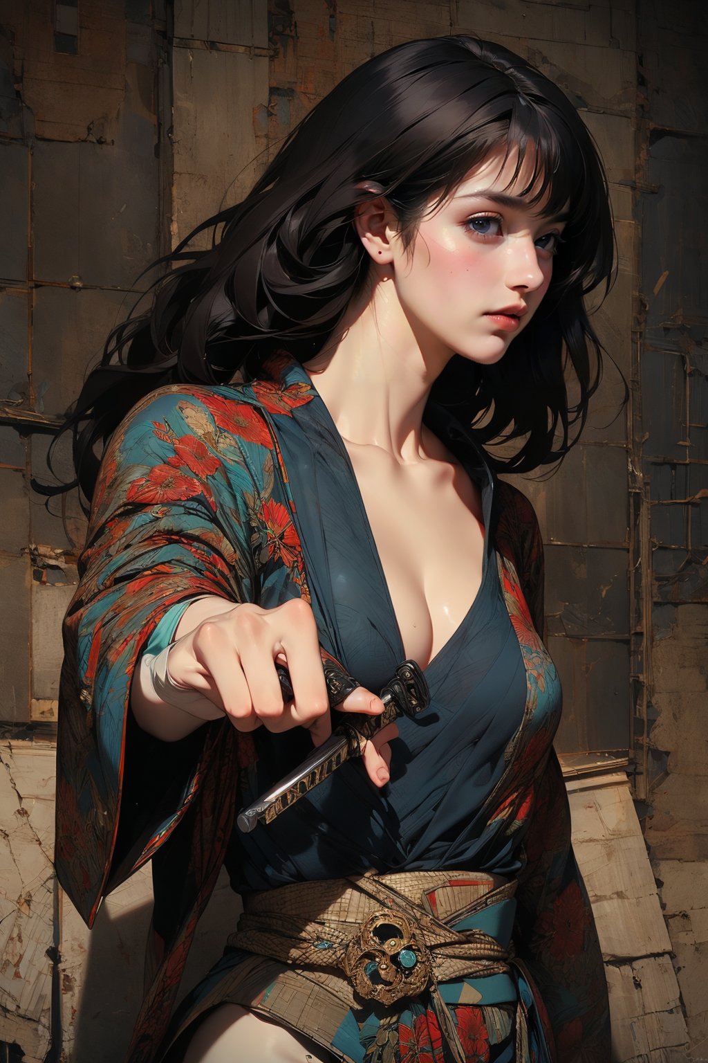 (masterpiece, best quality, hires, high resolution:1.2), (extremely detailed, intricate details, highres), ((realistic)), vivi color, 3d, cg, nsfw, woman, japanese, kimono, (open_shirt, unbuttoned, exposed_breasts, black_hair, bangs, long_straight_hair, monolid), nipples, (brutalist style:1.6), heavy steampunk armor, (ninja, samurai, katana, bare_chest), confident, muscular, abs, shiny_skin, light_skin, (nice hands,nice fingers), better_hands, holding sword, science fiction, (cinematic lighting, volumetric), looking at viewer, eye-level shot, (close_up:1.1), vintage fantasy, 1960s \(style\), film grain, (atompunkstylesd15:1.0), (dynamic pose:1.6), female action poses, dark red kimono, chrysanthemum floral décoration, dark forest, (dark + gothic, + foreboding background:1.4)