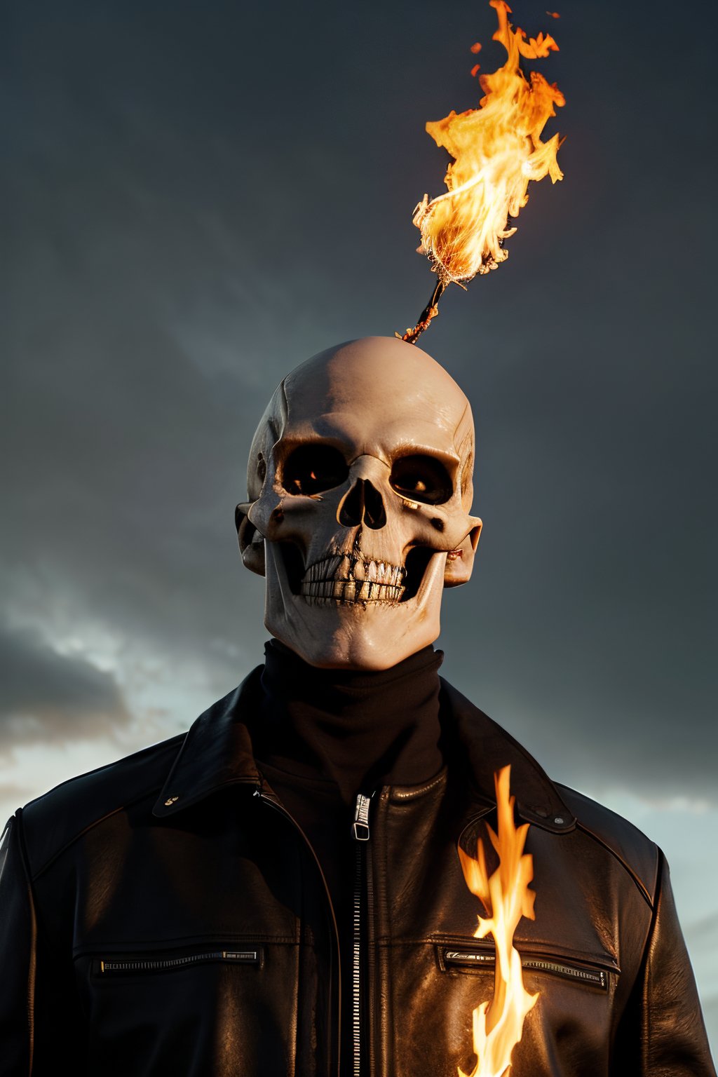 Photorealistic, Marvel's Ghost Rider with flaming skull, ((((NO SKIN)))), ((((no hair)))), ((((no eyes)))), facial portrait, screaming, Metal spikes on top of shoulders, black leather jacket, cloudy sky, lightning, cemetery, flaming motorcycle, flaming chains on hand, 