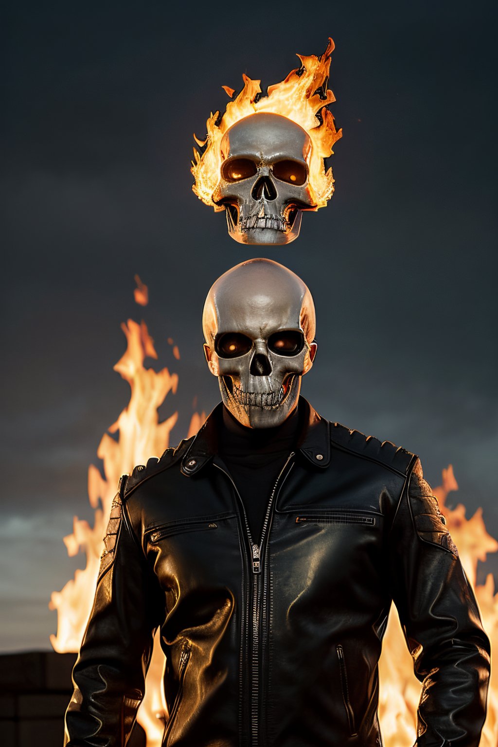 Photorealistic, Marvel's Ghost Rider with flaming skull, ((((NO SKIN)))), ((((no hair)))), ((((no eyes)))), facial portrait, Metal spikes on top of shoulders, black leather jacket, cloudy sky, lightning, cemetery, 