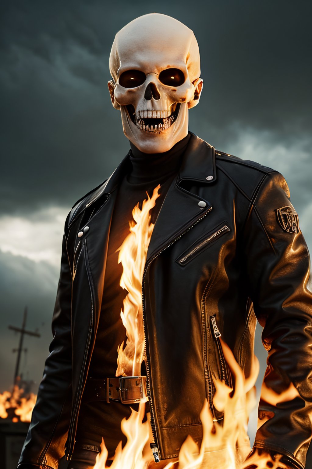 Photorealistic, Marvel's Ghost Rider with flaming skull, ((((NO SKIN)))), ((((no hair)))), ((((no eyes)))), facial portrait, screaming, Metal spikes on top of shoulders, black leather jacket, cloudy sky, lightning, cemetery, flaming motorcycle, fighting pose, screaming 