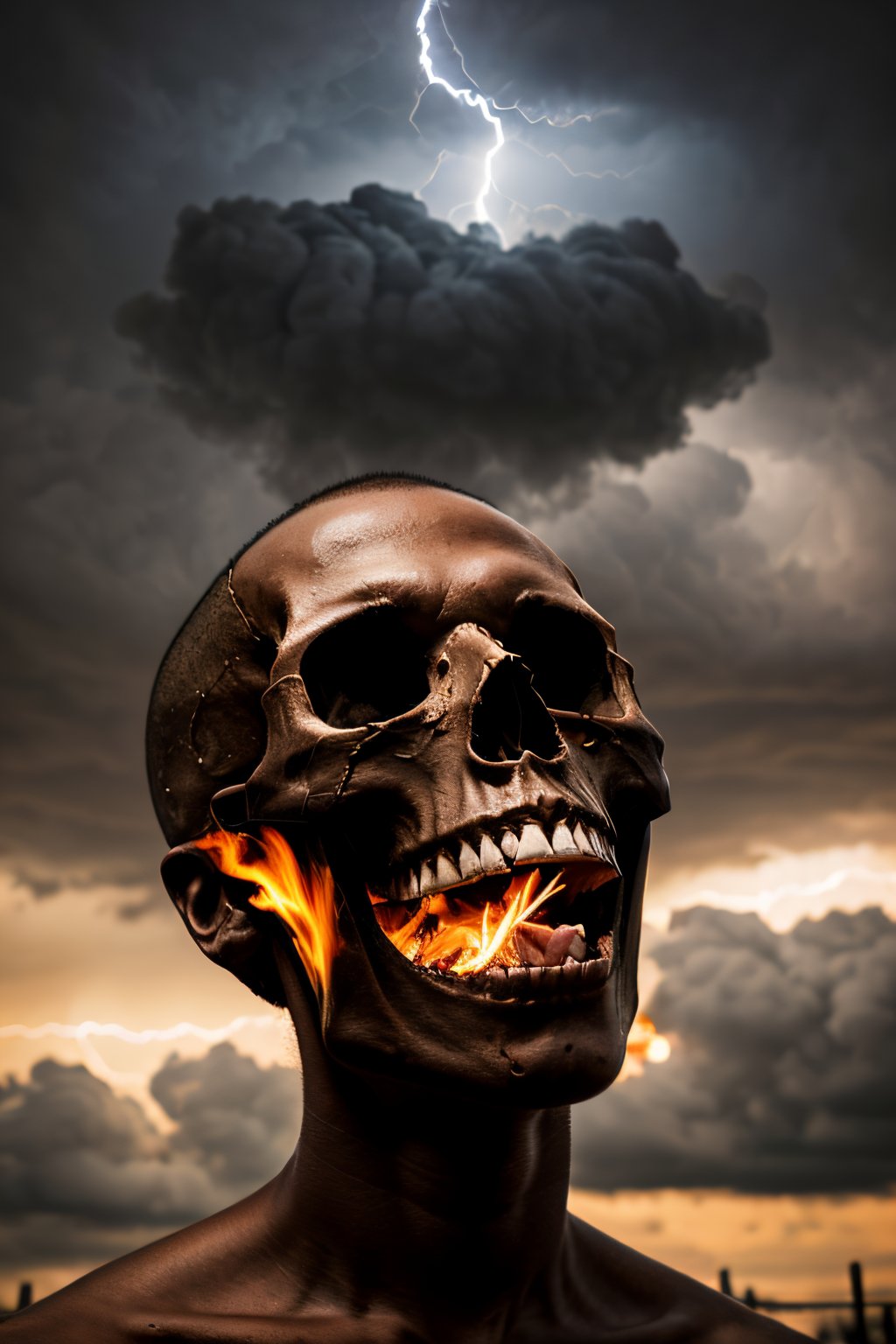 Photorealistic, flaming skull, no hair, facial portrait, screaming, cloudy sky, lightning, cemetery, 