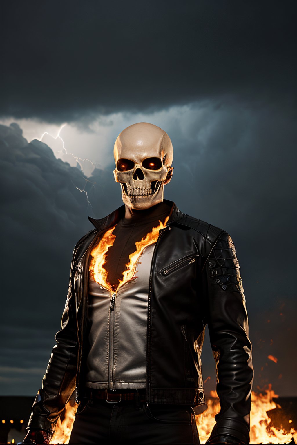 Photorealistic, Marvel's Ghost Rider with flaming skull, ((((NO SKIN)))), ((((no hair)))), ((((no eyes)))), facial portrait, Metal spikes on top of shoulders, black leather jacket, cloudy sky, lightning, cemetery, flaming motorcycle, flaming chains on hand, 