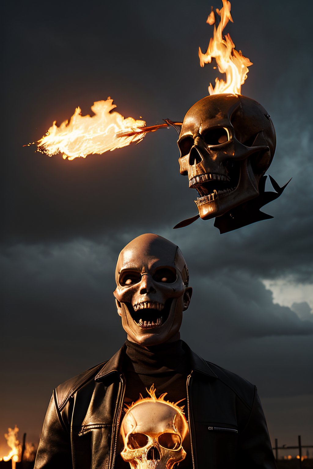 Photorealistic, Marvel's Ghost Rider with flaming skull, ((((NO SKIN)))), ((((no hair)))), ((((no eyes)))), facial portrait, screaming, Metal spikes on top of shoulders, black leather jacket, cloudy sky, lightning, cemetery, flaming motorcycle, fighting pose, screaming 