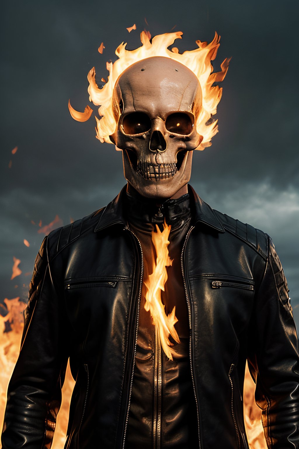 Photorealistic, Marvel's Ghost Rider with flaming skull, ((((NO SKIN)))), ((((no hair)))), ((((no eyes)))), facial portrait, screaming, Metal spikes on top of shoulders, black leather jacket, cloudy sky, lightning, cemetery, flaming motorcycle, flaming chains on hand, 