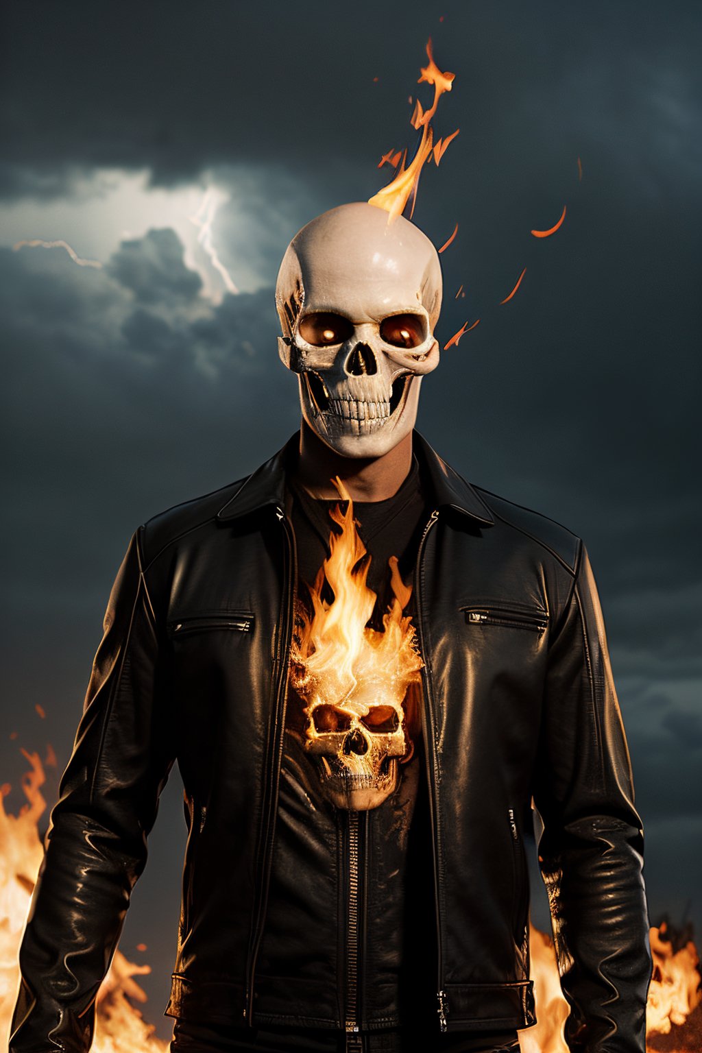 Photorealistic, Marvel's Ghost Rider with flaming skull, ((((NO SKIN)))), ((((no hair)))), ((((no eyes)))), facial portrait, Metal spikes on top of shoulders, black leather jacket, cloudy sky, lightning, cemetery, flaming motorcycle, flaming chains on hand, 