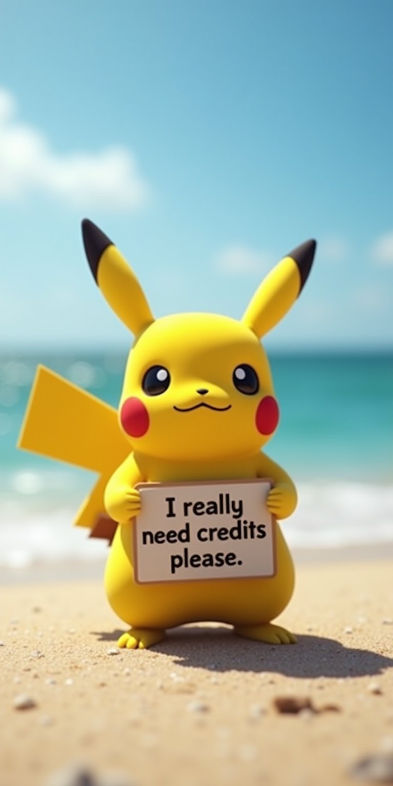 Pikachu on the beach  holding a sign that says "I really need credits please".