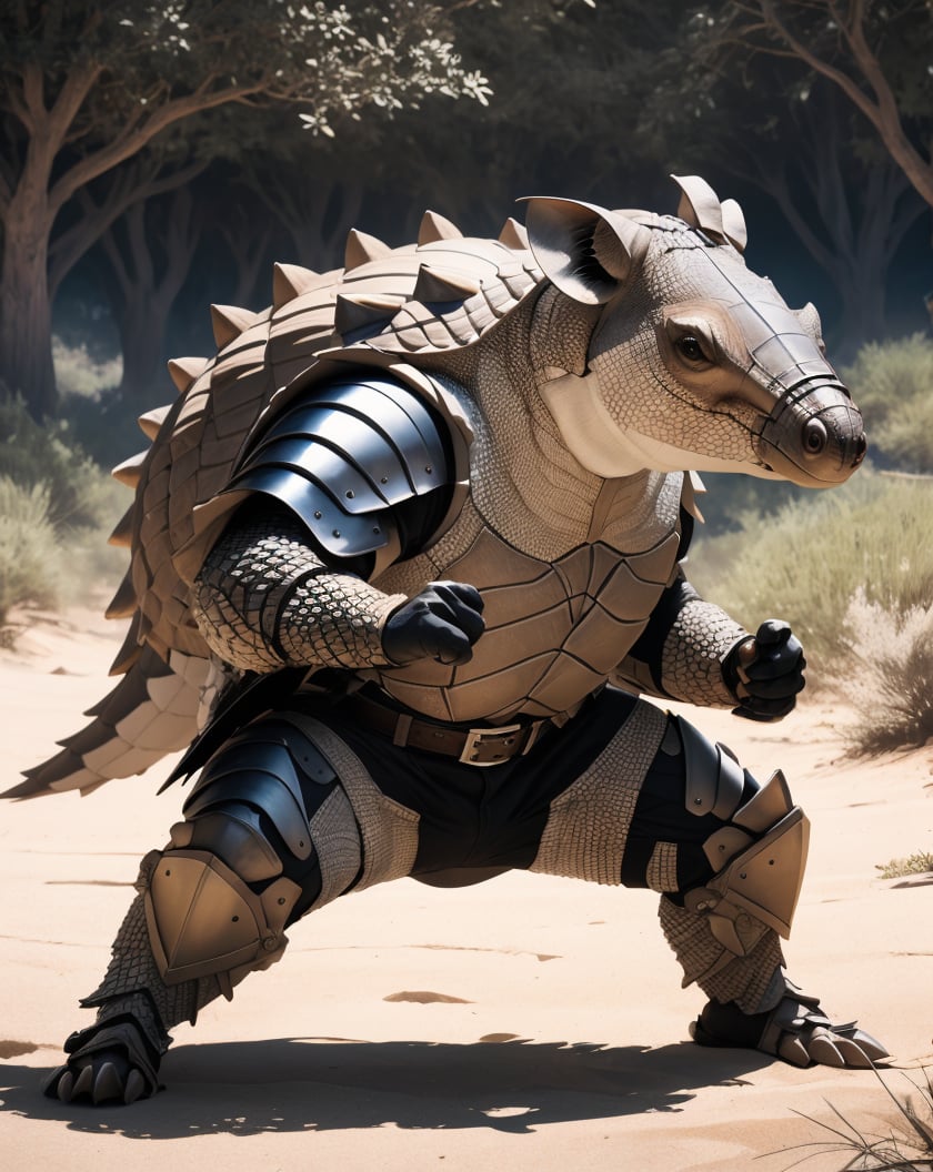 the male armadillo, the armored armadillo, the armadillo in real life, super realistic sandy characters, muscular, posing ready for a fight, muscular character, conceptual portrait of the fantasy armadillo, subject= armadillo, detailed armadillo, in a fighting pose , half of the trip
