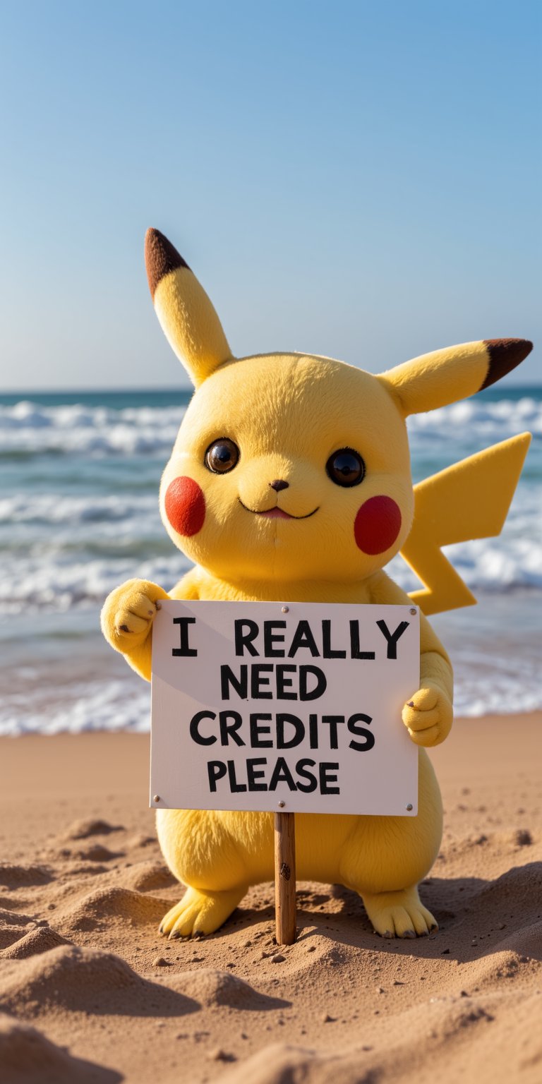 Pikachu on the beach  holding a sign that says "I really need credits please".