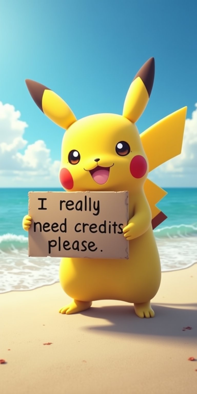 Pikachu on the beach  holding a sign that says "I really need credits please".