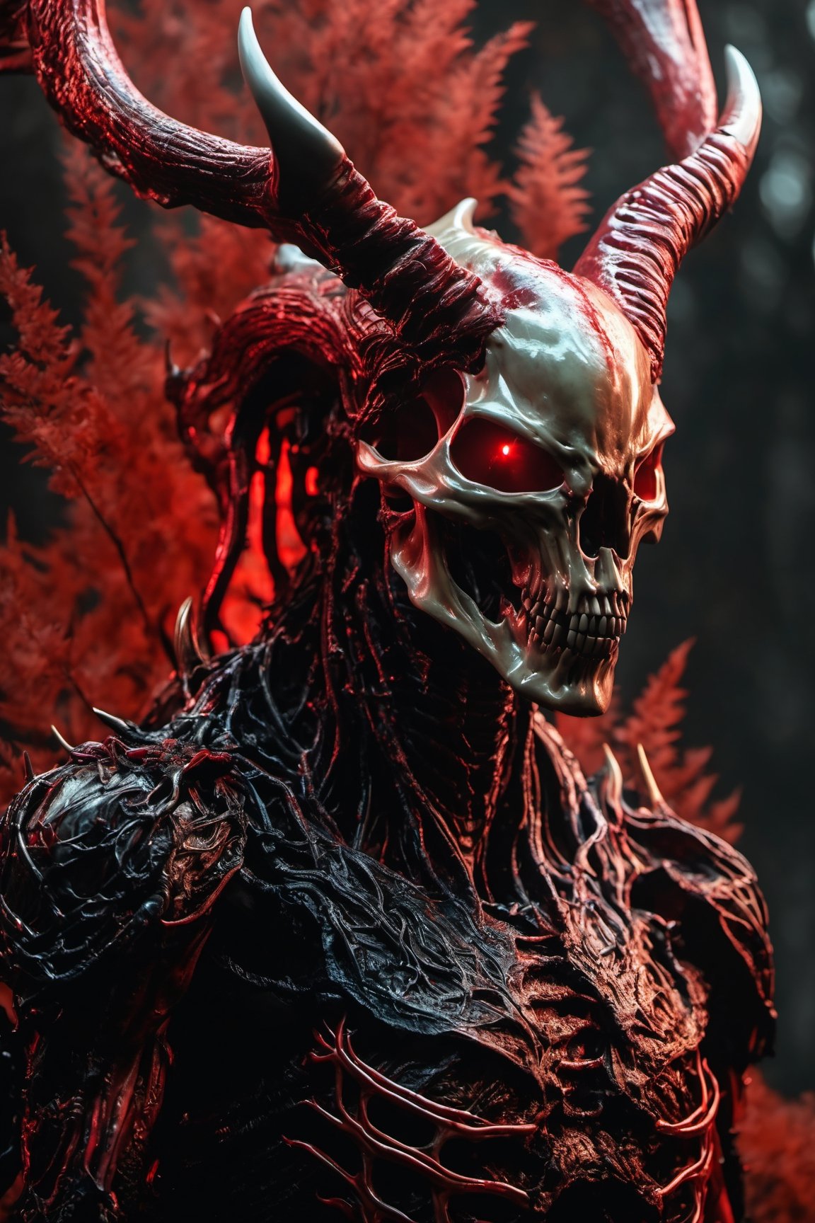 xenomorph portrait made of flesh, skeleton face, sharp horns, ((deer horns)), (((night))), veins, muscles, transparent skin, nightmare creature, dangerous mutant, intricate and high details, doom, human skulls on the ground, (demon)),red colored eyes intense,((full body)),forest ,((demon wings))