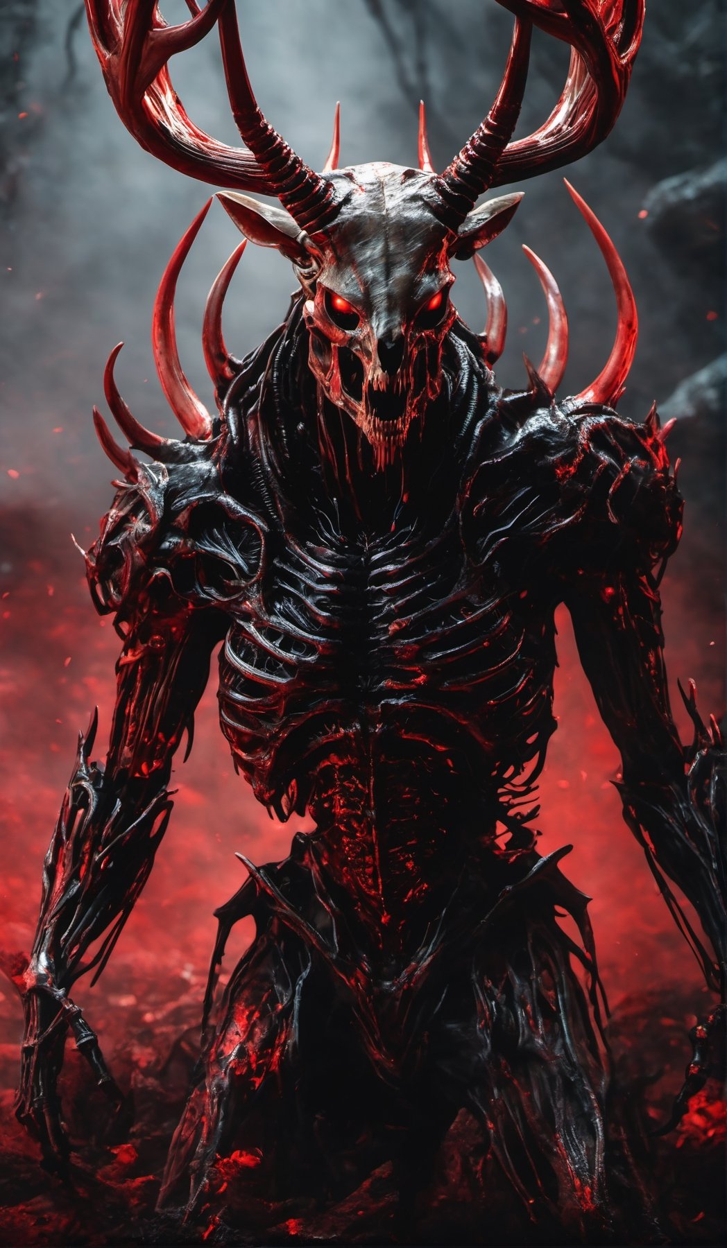 xenomorph portrait made of flesh, skeleton face, sharp horns, ((deer horns)), night, veins, muscles, transparent skin, nightmare creature, dangerous mutant, intricate and high details, doom, human skulls on the ground, red colored eyes intense,((full body))