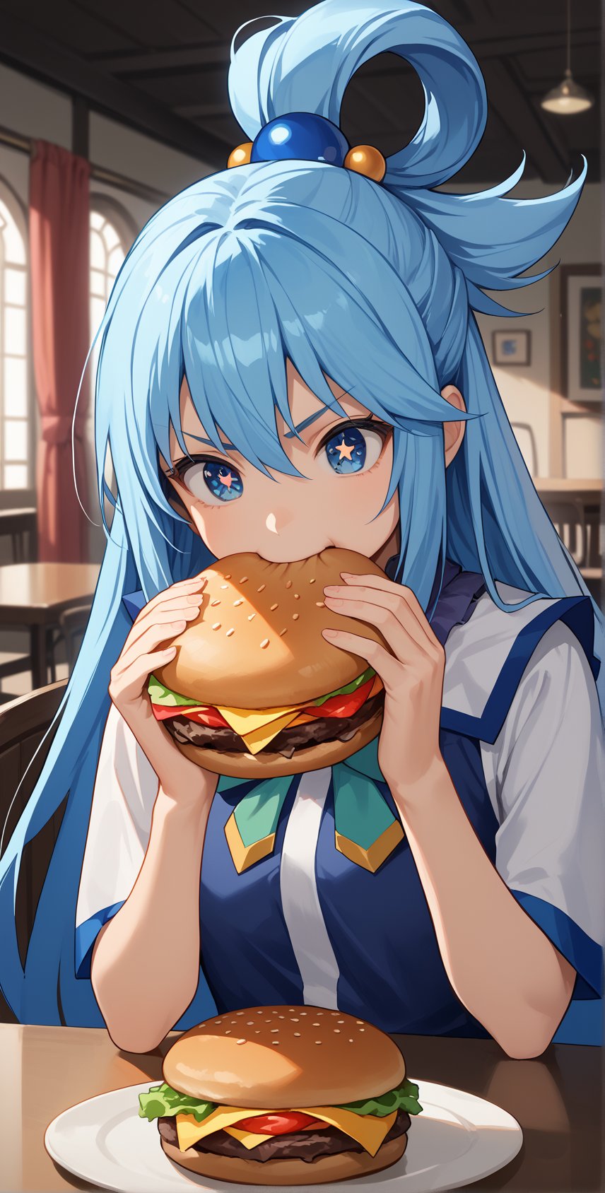 score_9, score_8_up, score_7_up, source_anime, 1girl, solo, clownpiece,  blue hair, long hair, dress, blue eyes, standing, indoors, eating giant burger, upper body, table, star shaped pupils, biting, v-shaped eyebrows,
aqua, long hair, blue eyes, hair ornament, very long hair, blue hair, hair rings, single hair ring, hair bobbles,