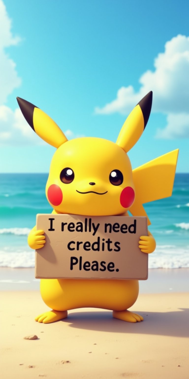 Pikachu on the beach  holding a sign that says "I really need credits please".