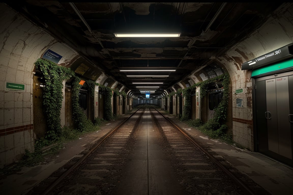 vegetation, abandoned subway, detailed landscape, (realistic: 1.2), (photorealistic: 1.2), professional photography, (masterpiece), intricate details, best quality, volumetric lighting, 8k, spectacular lighting, infinite focus, atmospheric lighting, horror, apocalypse, high quality, fujifilm,zombies