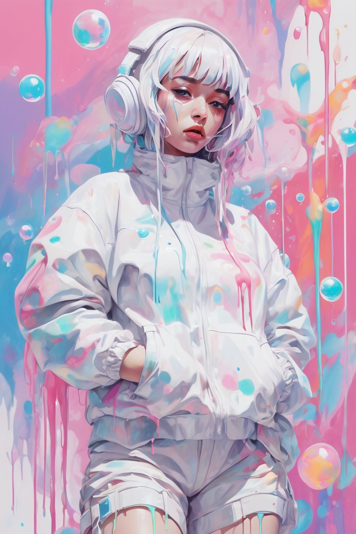 dripping paint,abstract,gouche,white,totally white,pastel colors,(bubble drip)1girl with techwear clothes,sexy,circular shapes on background,melt,vaporwave style,