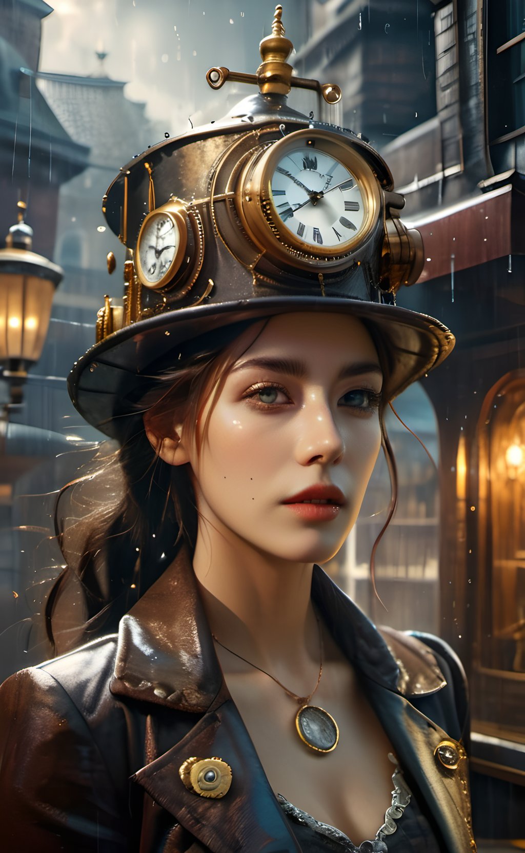 olpntng style, high quality steampunk portrait of the woman called Goddess Time with a clock for a head played by Sam Elliott, clock goggles, amazing background, by tomasz alen kopera and peter mohrbacher, dripping sparks, rain, sharp focus, clear, vibrant, denoised, intricately detailed, amazing clock, 8k, steampunk clock render engine, oil painting, heavy strokes, paint dripping,HZ Steampunk,dashataran,3d style