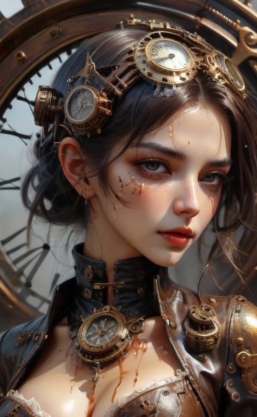 olpntng style, high quality steampunk portrait of the woman called Goddess Time with a clock for a head played by Sam Elliott, clock goggles, amazing background, by tomasz alen kopera and peter mohrbacher, dripping sparks, rain, sharp focus, clear, vibrant, denoised, intricately detailed, amazing clock, 8k, steampunk clock render engine, oil painting, heavy strokes, paint dripping,HZ Steampunk,dashataran,3d style,LinkGirl,xxmix_girl,3d,FilmGirl