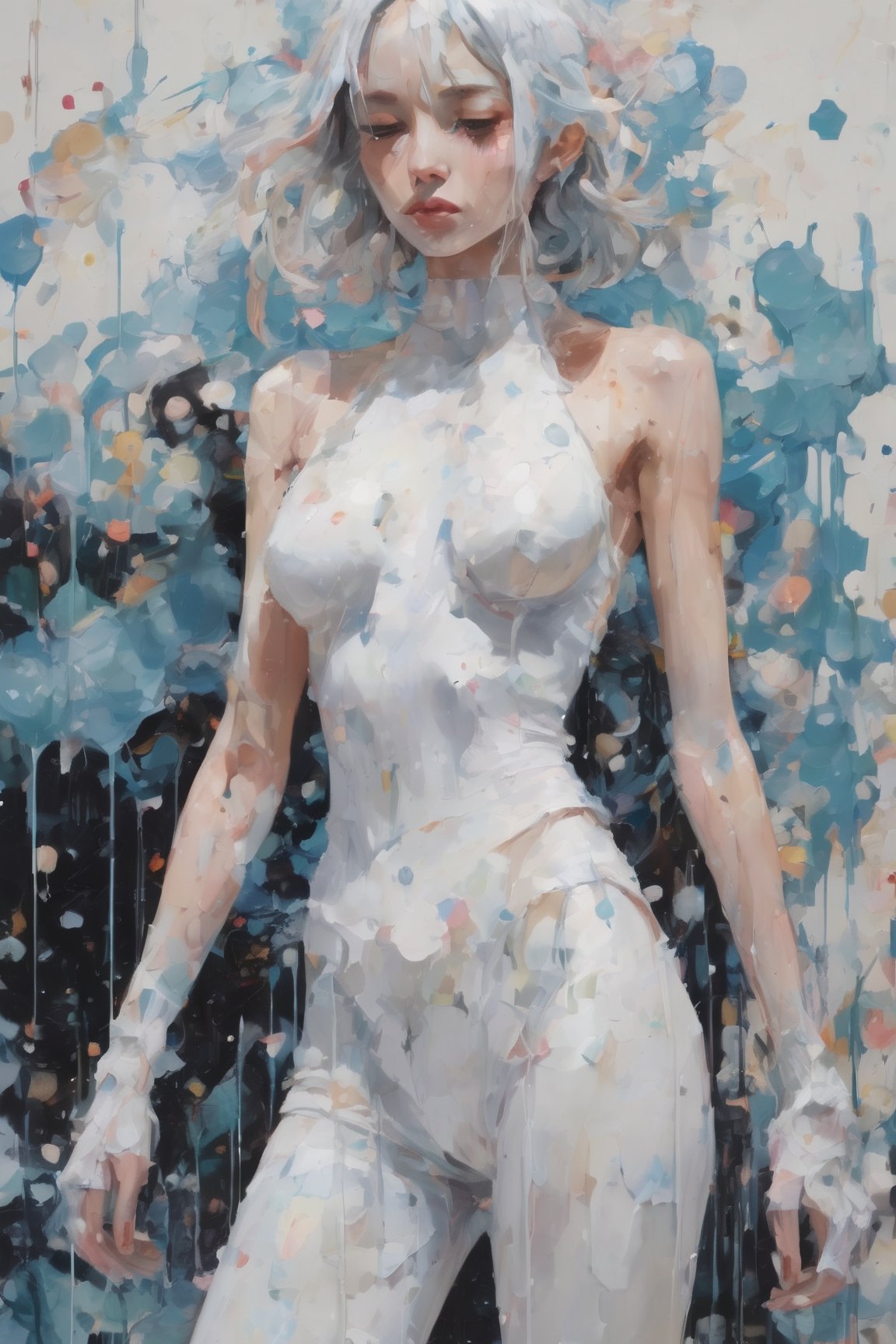 dripping paint,abstract,gouche,white,totally white,pastel colors,(bubble drip)1girl with techwear clothes,sexy,circular shapes on background,melt,vaporwave style,chinese ink drawing