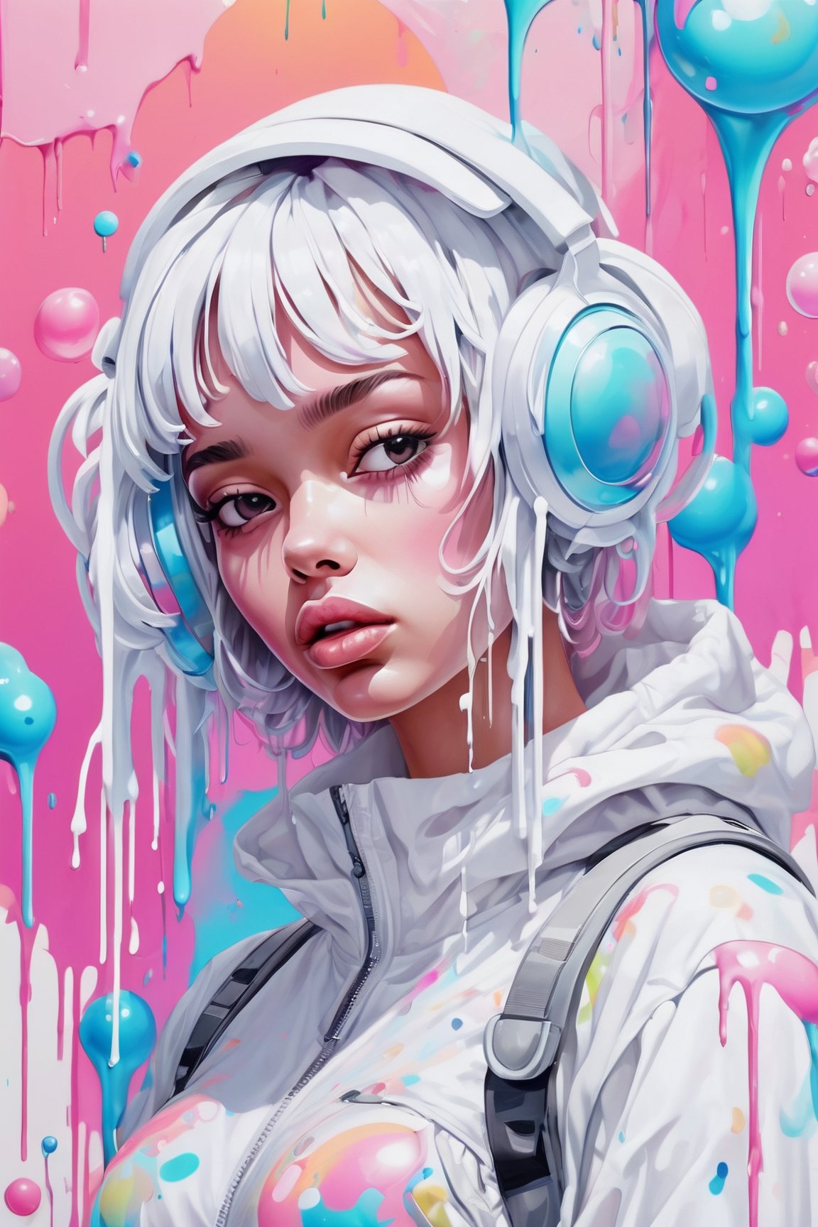 dripping paint,abstract,gouche,white,totally white,pastel colors,(bubble drip)1girl with techwear clothes,sexy,circular shapes on background,melt,vaporwave style,