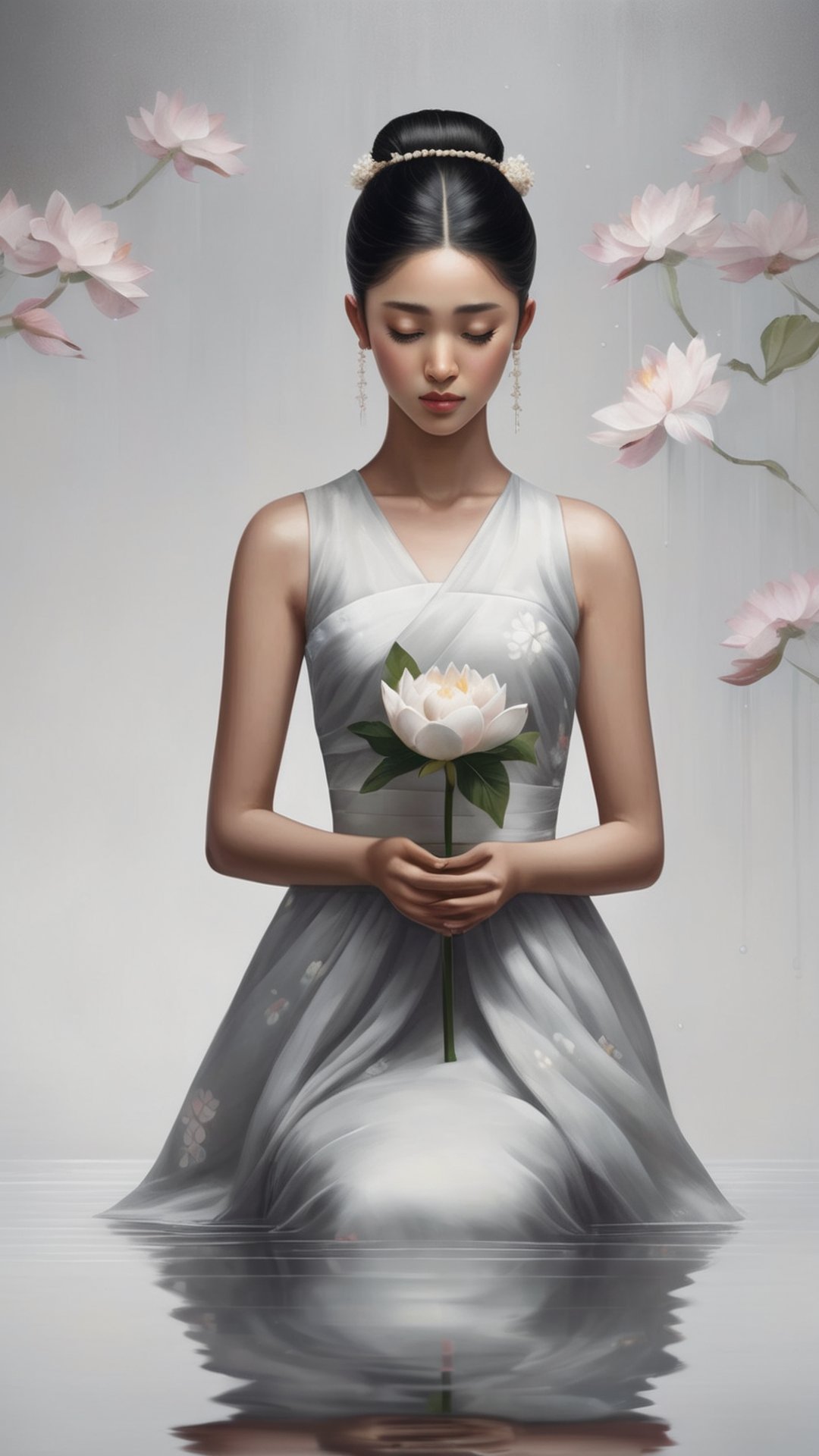 ((best quality)), ((masterpiece)), (detailed), (realistic),NYFlowerGirl, 1girl, black hair, flower, dress, solo, white dress, hair bun, single hair bun, reflection, closed eyes, water, dark-skinned female, dark skin, standing, collarbone, sleeveless, bare shoulders, facing viewer, grey background, sleeveless dress,chinese ink drawing,Leonardo Style